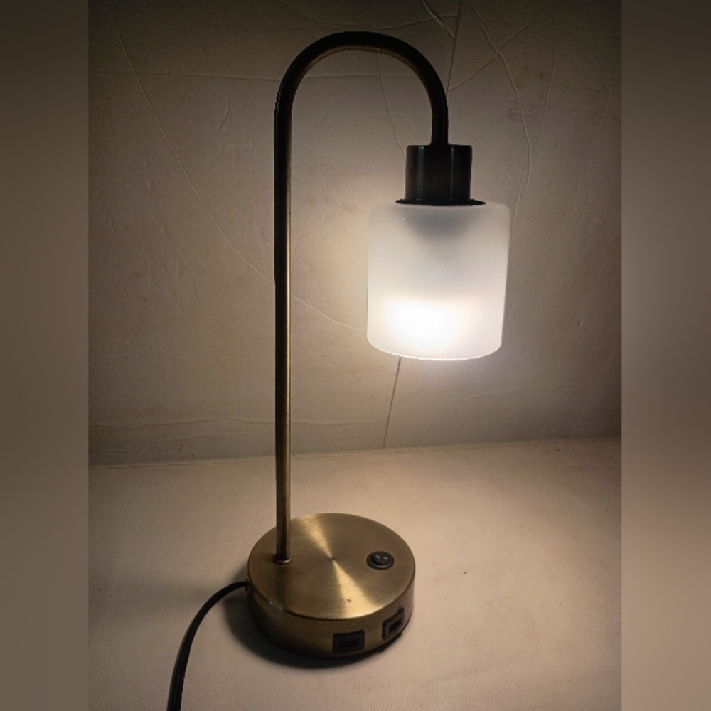 17" Antique Brass Arched Industrial Table Lamp with Frosted Glass Shade w/2 USBs
